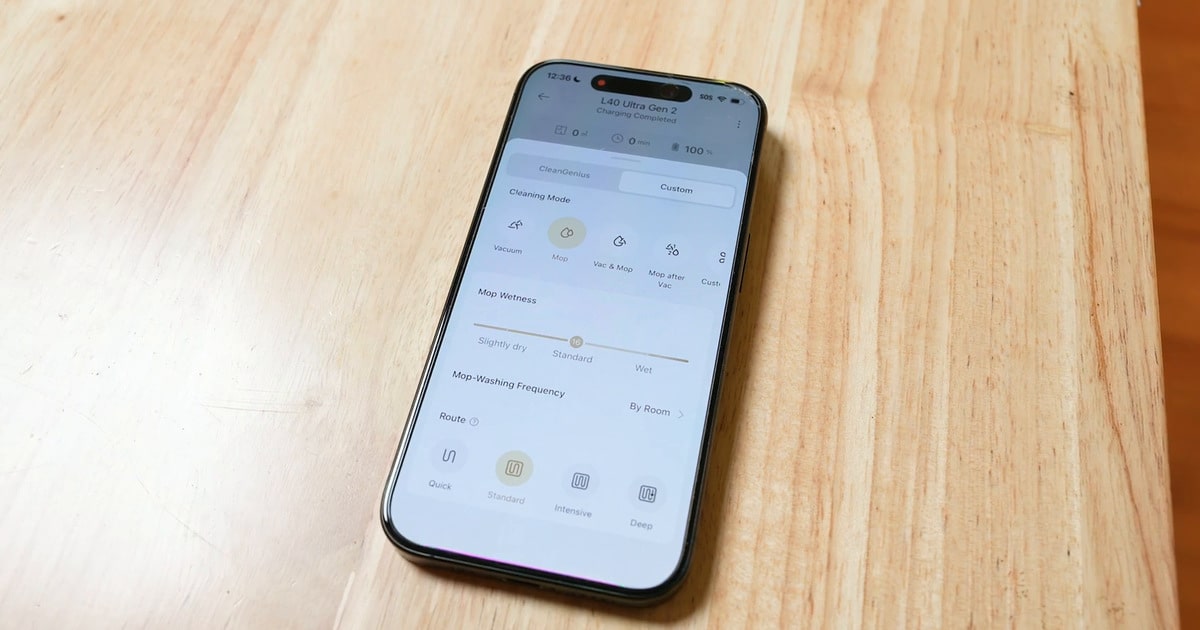 Dreame L40 Ultra Gen 2 — App cleaning options | Vacuum Wars Dreame app showing L40 Ultra Gen 2 mopping mode, mop wetness, mop-washing frequency and cleaning route options.