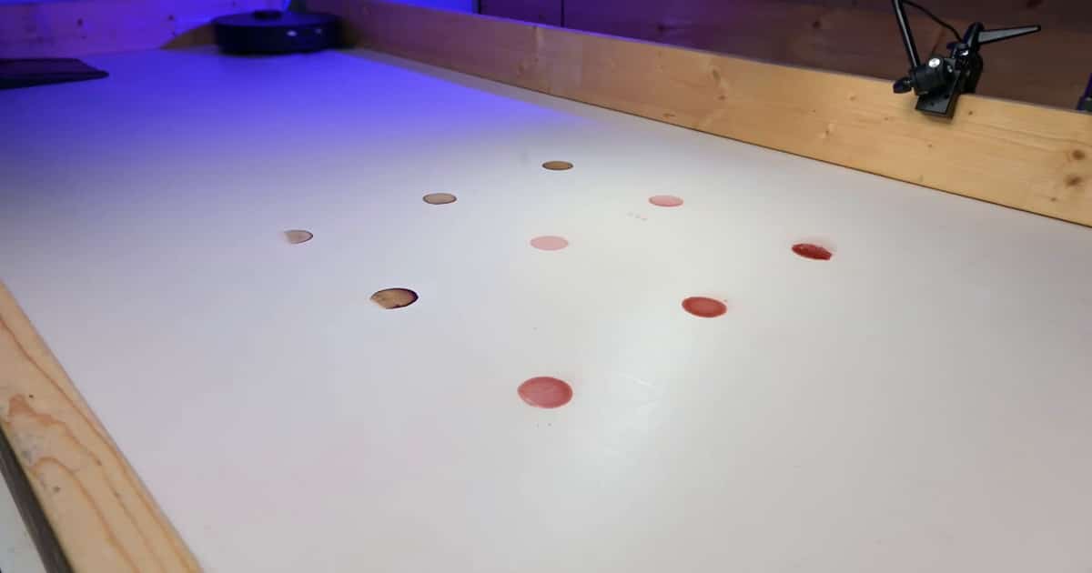Dreame L40 Ultra Gen 2 — Mopping test setup | Vacuum Wars Dried stains on the hard-floor mopping test surface, with the Dreame L40 Ultra Gen 2 in the background.