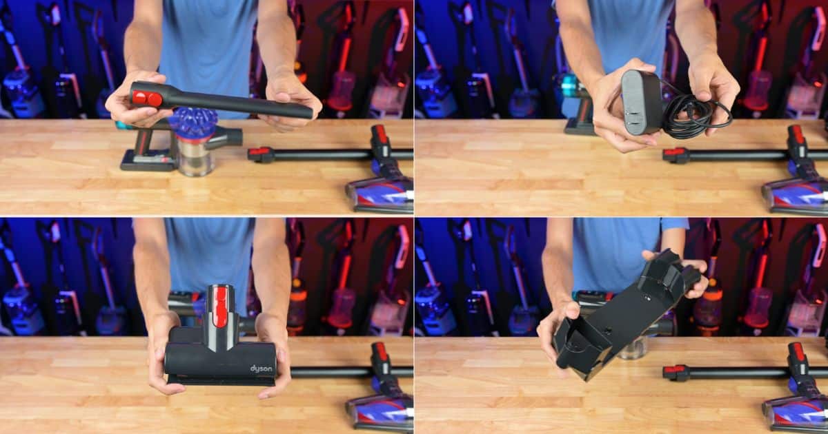 | Vacuum Wars Four-panel collage showing the Dyson V10 Konical's included accessories: a crevice tool, battery charger, mini motorized tool, and wall-mounted docking bracket.