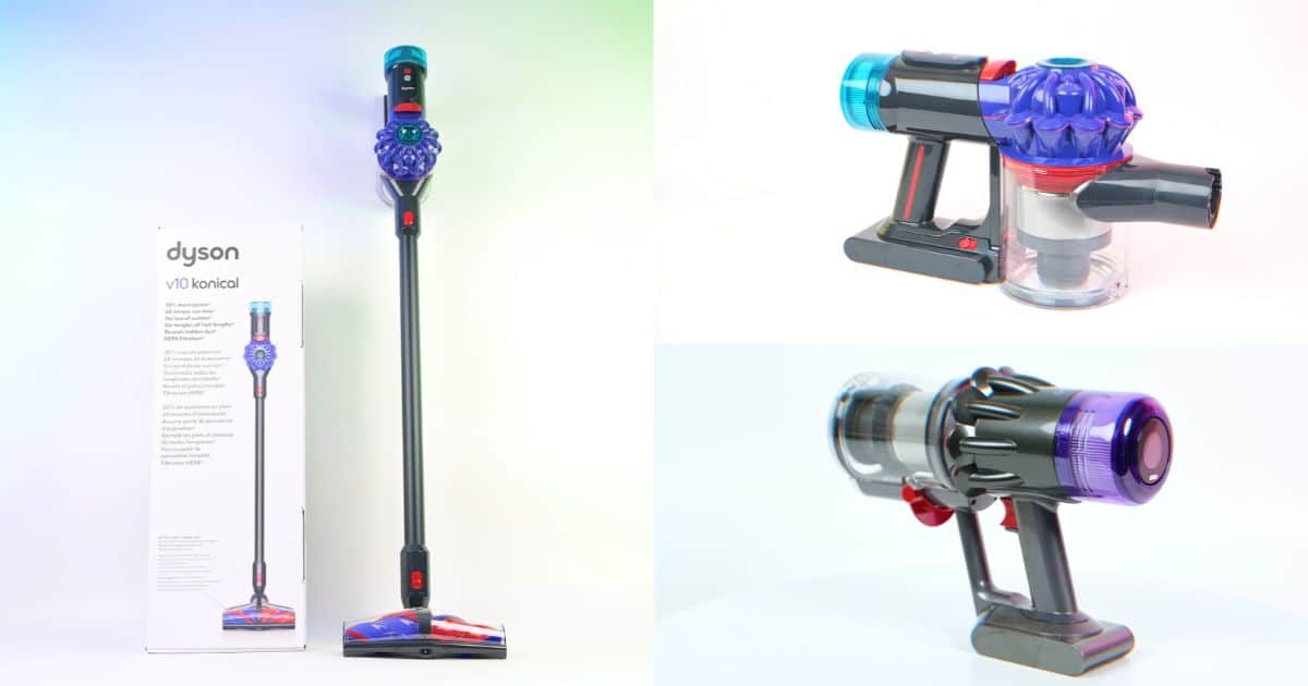 | Vacuum Wars Three-panel image showing the Dyson V10 Konical cordless vacuum beside its retail box, a close-up of its compact handheld design at the top right, and a longer Dyson in-line handle design at the bottom right.