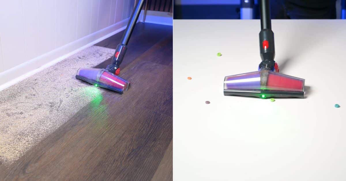 | Vacuum Wars Split image showing the Dyson V10 Konical cleaning along the edge of a rug on a hard floor with its green illumination light activated, and picking up scattered colorful debris on a white testing surface.