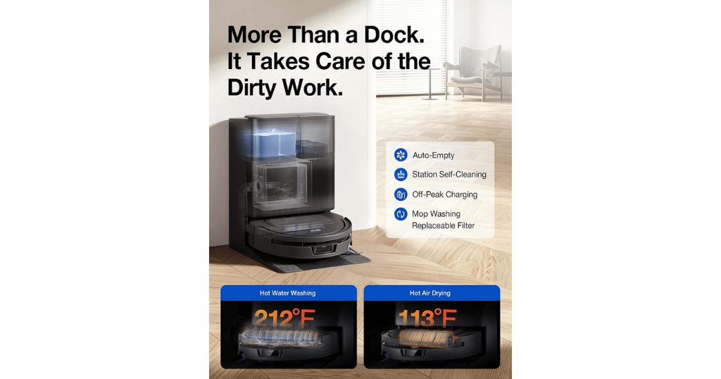 Ecovacs Deebot T90 MAX Plus Dock | Vacuum Wars Ecovacs Deebot T90 Max Plus Omni in a home setting with images stating the mop pad washing and drying temperatures.