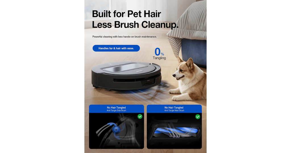 Ecovacs Deebot T90 MAX Plus Hair Tangles | Vacuum Wars Ecovacs Deebot T90 Max Plus Omni beside a dog, with close-ups of its anti-tangle side brush and main brush.