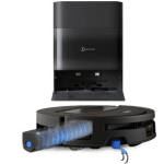 Ecovacs T90 Max+ Omni | Vacuum Wars Robot vacuum on its charging dock, ready to clean, with front sensors visible and a blue side brush detail