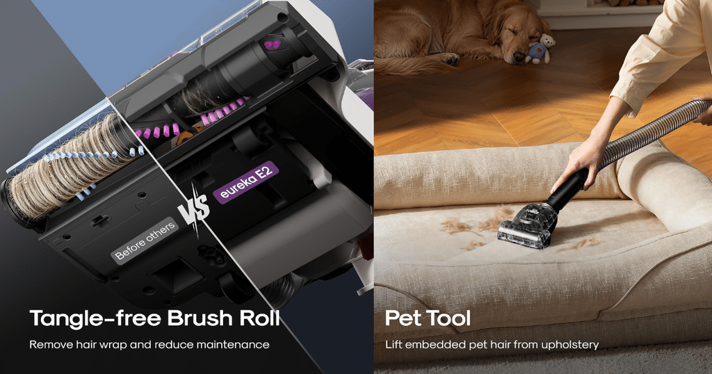 Split image showing a tangle-free brush roll comparison on the left and a pet upholstery tool cleaning a sofa on the right with dogs nearby on the floor and a person vacuuming.
