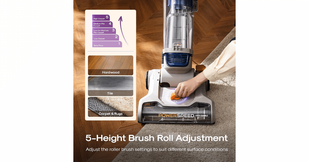 Eureka PowerSpeed E2 upright vacuum showing its five-position brush roll height adjustment for different floor types.