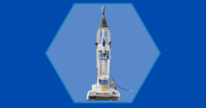 Eureka PowerSpeed E2 Launch | Vacuum Wars Upright Eureka PowerSpeed vacuum cleaner standing upright on a blue hexagonal backdrop