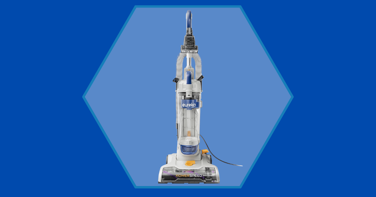 Upright Eureka PowerSpeed vacuum cleaner standing upright on a blue hexagonal backdrop
