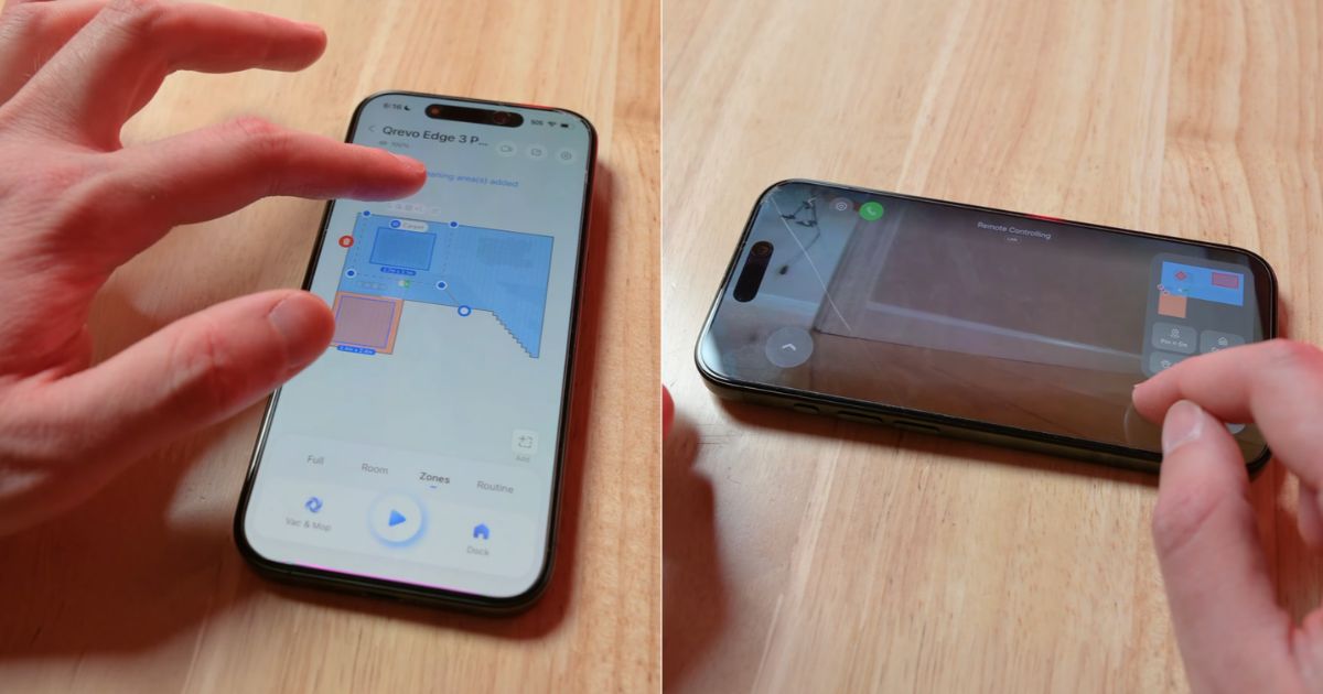 | Vacuum Wars Split image showing the Roborock Qrevo Edge 3 Pro app on a smartphone. The left panel displays a mapped floor plan with room and zone cleaning options, while the right shows the robot's camera view and remote-control interface.