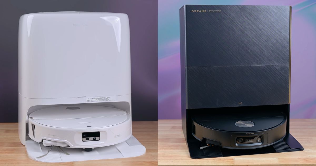 | Vacuum Wars Side-by-side comparison of the white Roborock Qrevo Edge 3 Pro and black Dreame X60 Max Ultra Complete robot vacuums, each positioned inside its multifunctional docking station.