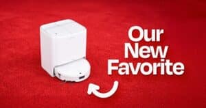 | Vacuum Wars Featured image of the white Roborock Qrevo Edge 3 Pro robot vacuum and its docking station against a red background. Large white text reads “Our New Favorite,” with an arrow pointing toward the robot.