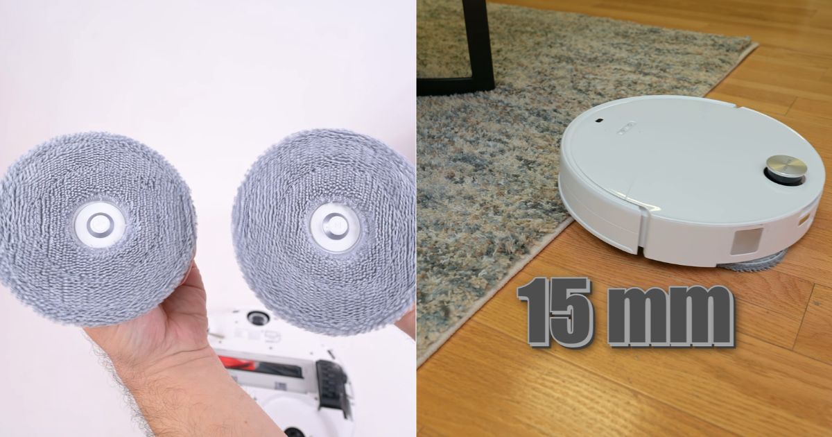 | Vacuum Wars Split image showing two gray circular mop pads being held in front of the Roborock Qrevo Edge 3 Pro's underside. The second panel shows the robot beside a rug on hardwood flooring, with text indicating its 15 mm mop-lifting capability.