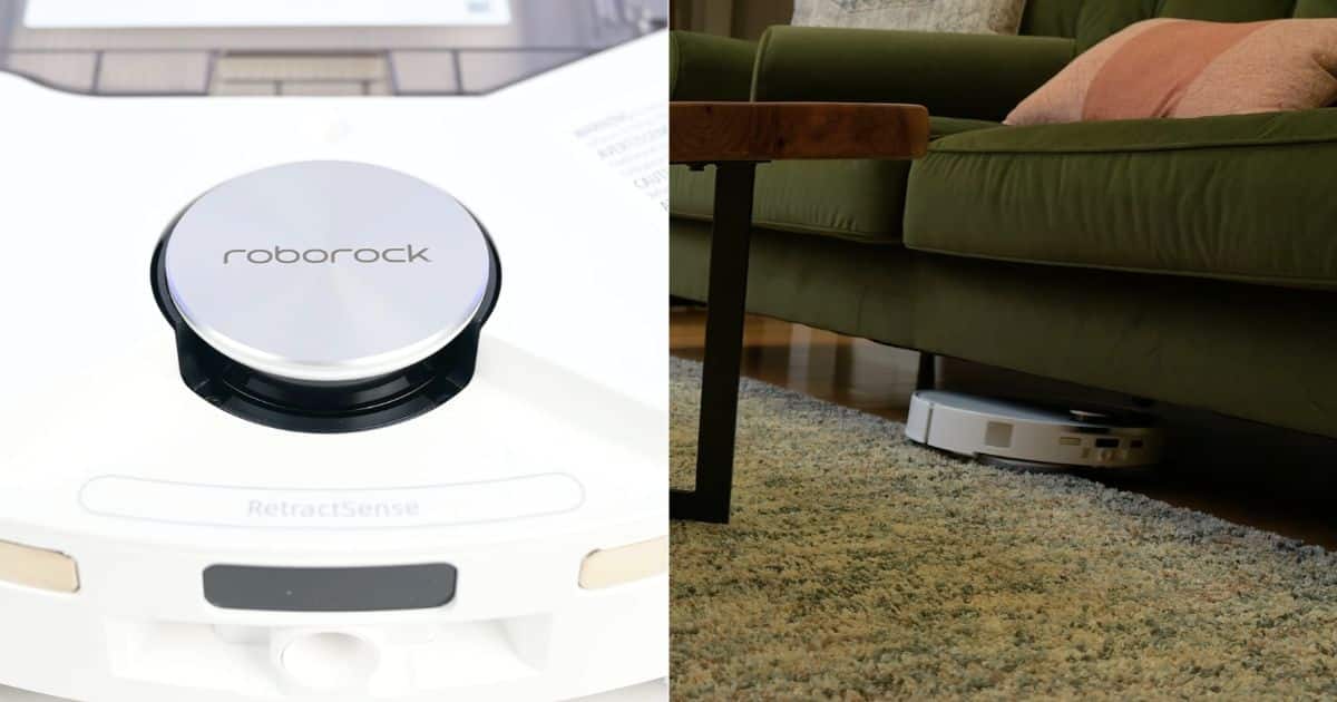 | Vacuum Wars Split image showing a close-up of the Roborock Qrevo Edge 3 Pro's RetractSense LiDAR sensor and the robot cleaning underneath a green sofa beside a rug.