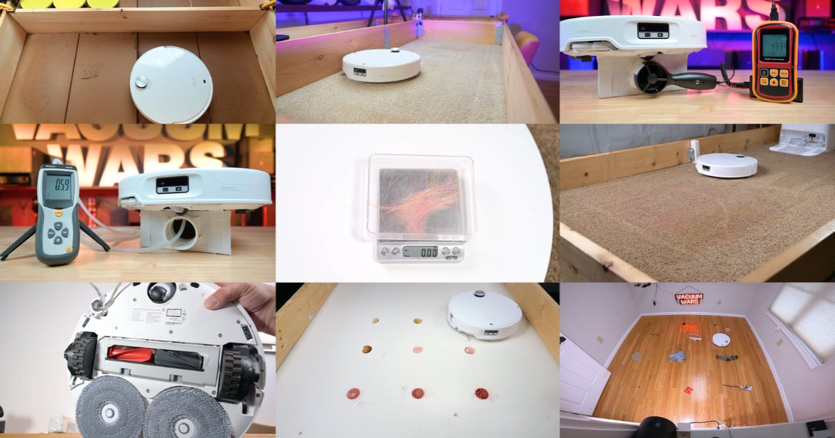 | Vacuum Wars Nine-panel collage showing the Roborock Qrevo Edge 3 Pro undergoing Vacuum Wars testing, including threshold climbing, carpet cleaning, suction, airflow, hair tangles, stain removal, and obstacle avoidance. Testing instruments display readings of 47.3, 0.59, and 0.00.