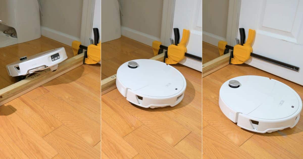 | Vacuum Wars Three-panel sequence showing the Roborock Qrevo Edge 3 Pro climbing over a raised wooden threshold near a doorway and continuing across the hardwood floor.