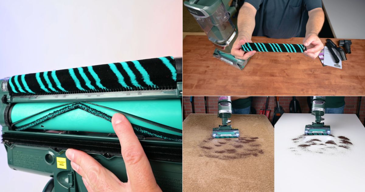 | Vacuum Wars Shark Detect Pro LA802 DuoClean floorhead showing the soft front roller, rear brushroll, and built-in hair-removal comb. The vacuum is also shown cleaning carpet and hard floors.