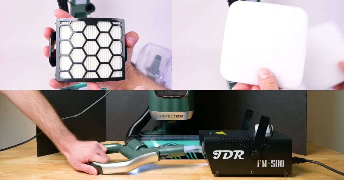 | Vacuum Wars Shark Detect Pro LA802 HEPA and pre-motor filters shown alongside Vacuum Wars’ fog filtration test.