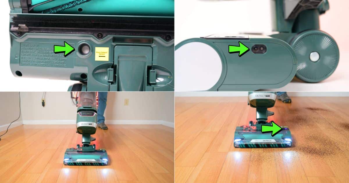 | Vacuum Wars Shark Detect Pro LA802 sensors and floorhead shown during Floor Detect, Edge Detect, Direction Detect, and Dirt Detect demonstrations.