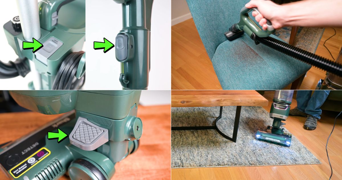 | Vacuum Wars Shark Detect Pro LA802 shown with its detachable wand and Lift-Away canister for above-floor cleaning, plus floor cleaning on carpet and hard floors.