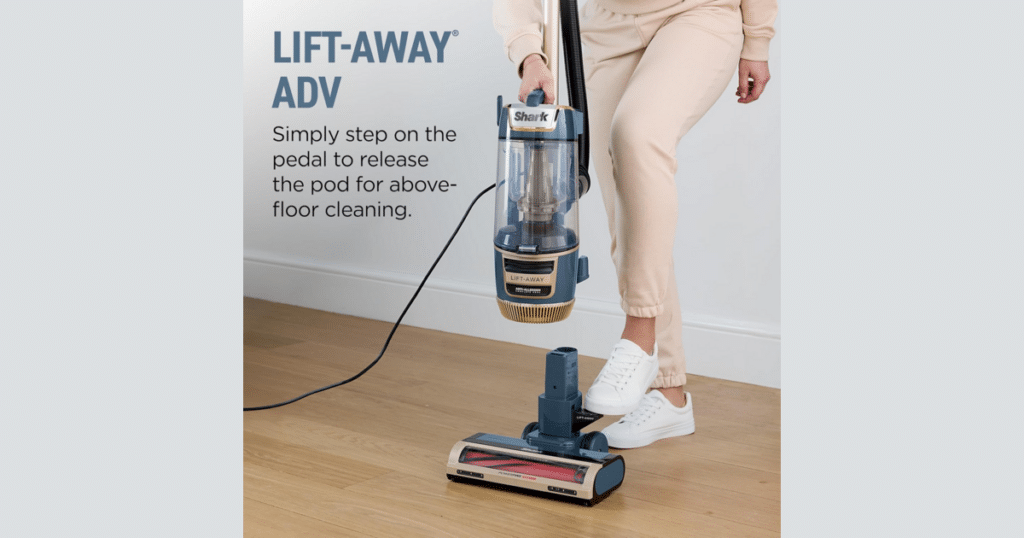 Shark Rotator Lift-Away pedal-release illustration | Vacuum Wars Shark promotional image showing a person stepping on the Lift-Away pedal and lifting the vacuum pod for above-floor cleaning.