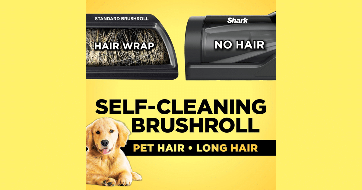Shark self-cleaning brushroll promotional comparison | Vacuum Wars Shark promotional graphic comparing hair wrapped around a standard brushroll with a Shark brushroll labeled no hair.